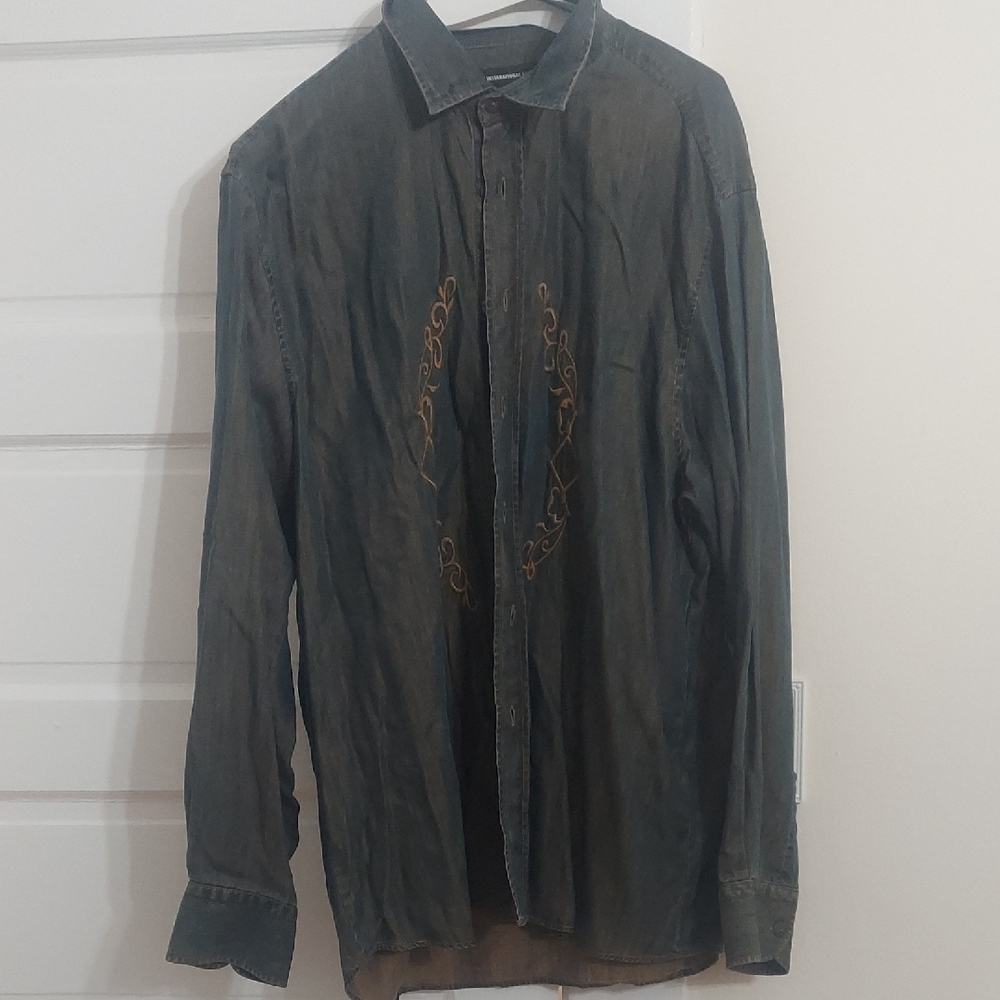 Men's Dark Green Embroidered Button-Up Shirt